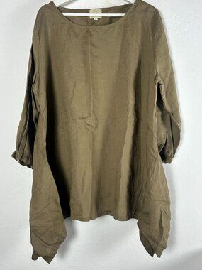 Yea Womens Linen Asymmetrical Tunic Top 2X Brown 3/4 Sleeve Lagenlook Casual